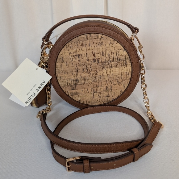 Anne Klein Brown And Gold Cork Circle Round Crossbody Bag - Picture 4 of 7